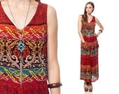 Hippie Maxi Dress 90s Ethnic Print Orange Summer Sun GYPSY 1990s Boho POCKET Tent Bohemian Vintage Sundress V Neck Sleeveless Medium Large