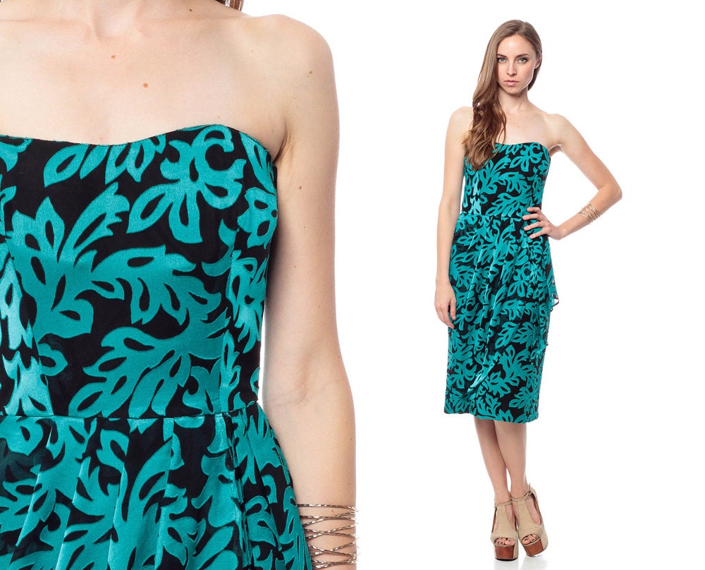 80s Strapless Dress Bombshell LEAF Print Jade Green Black Party 1980s WIGGLE Vintage SWEETHEART Neckline Wrap Cocktail Drape Extra Small xs