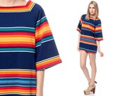 Micro Mini Dress 1970s RAINBOW Stripe Tunic Hippie 70s Striped Mod Navy Blue Orange Vintage Seventies 3/4 Sleeve Festival Medium Large