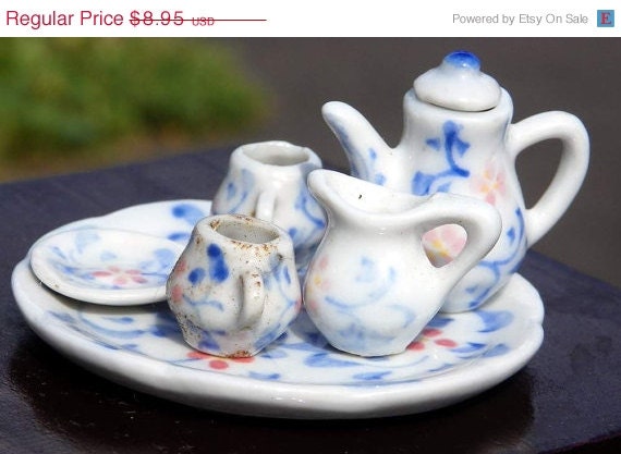 May sale Vintage Miniature Blue and Pink Ceramic Tea Service . Dollhouse Furniture