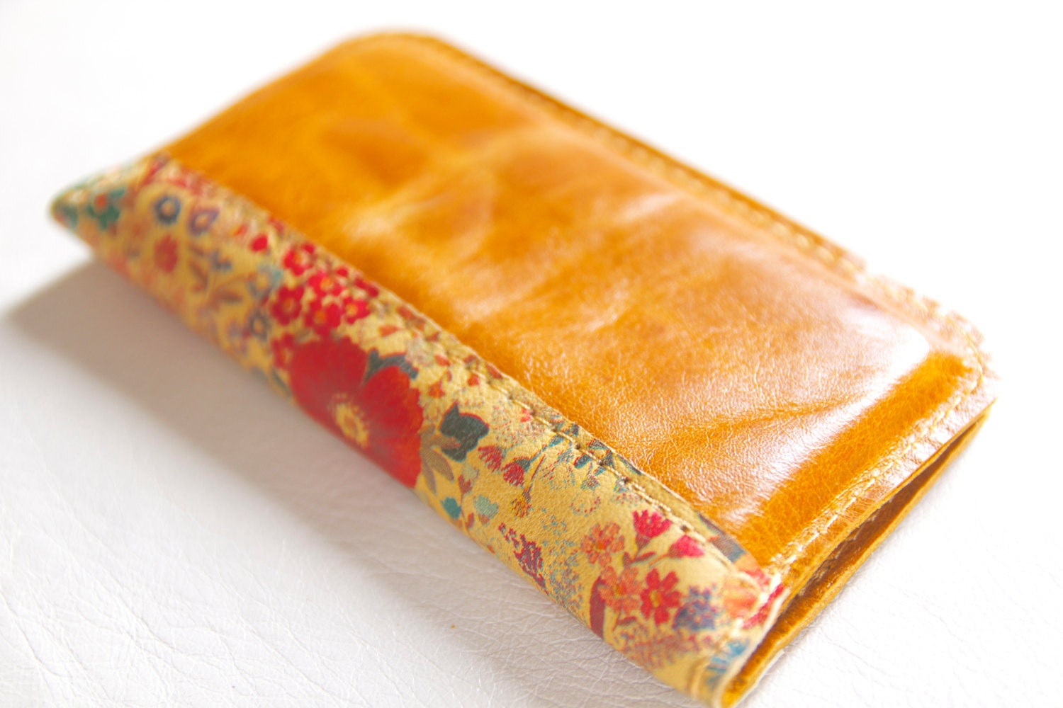 Leather iPhone Wallet in Dark Honey w/ Floral Spine