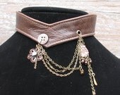 Distressed Brown  Leather and Antiqued Brass Tribal Steampunk Choker Necklace