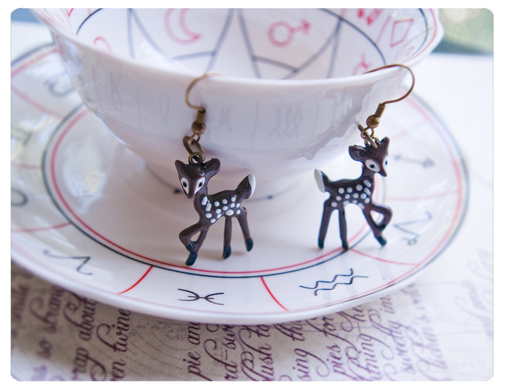 my precious deer - sweet little doe earrings of hand painted antique brass