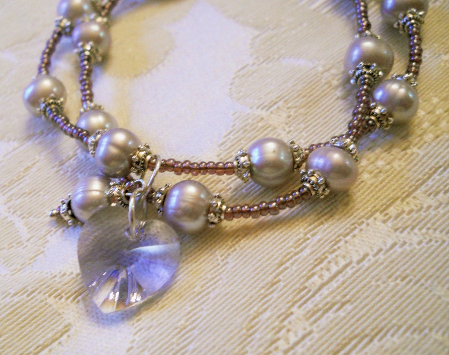 Lavender Provence Crystal Heart on a 2 Strand Pearl and Seed Bead Bracelet