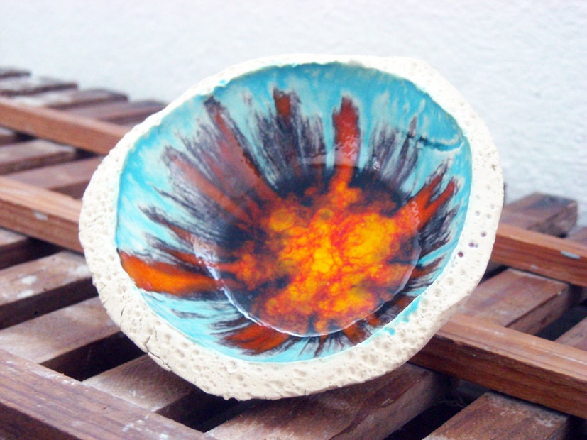 Decorative ceramic bowl in turquoise, orange and yellow , textured pottery bowl one of a kind