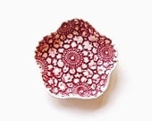 Bowl decorative pottery, burgundy and white, soap dish, candle holder, ring holder with lace vintage crochet imprint, home decor