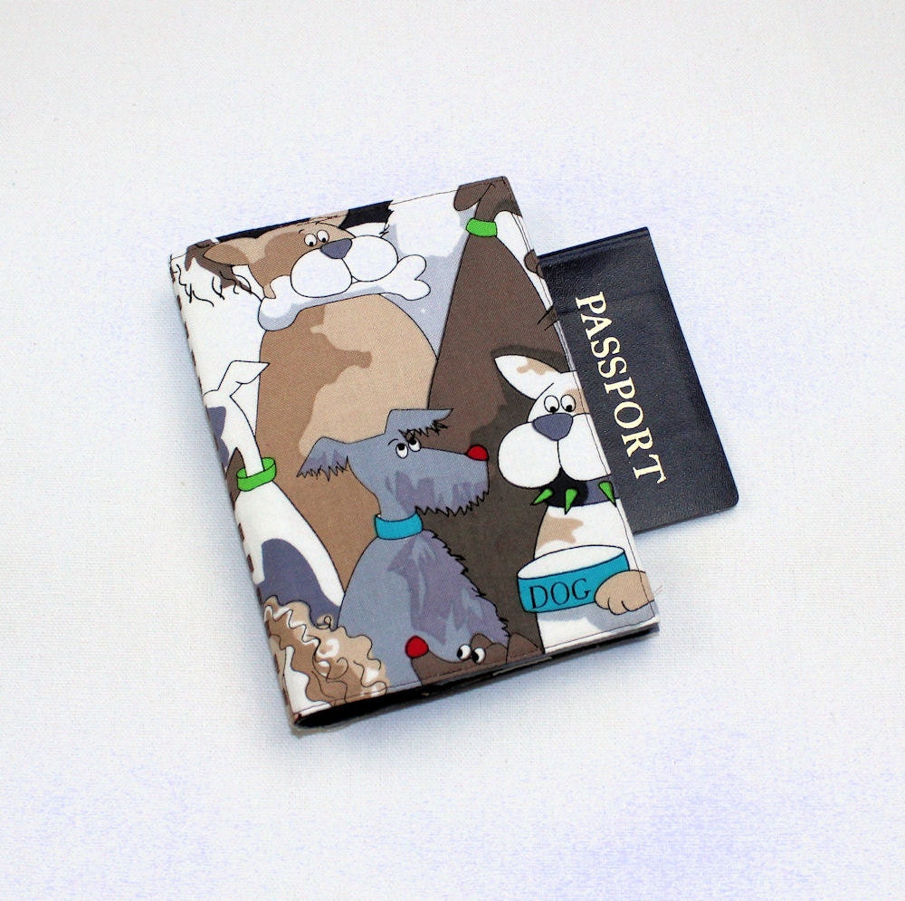 Dogs Fabric Passport Case, Travel Cover, Wallet, Velcro Closure, Gray Tan and Brown
