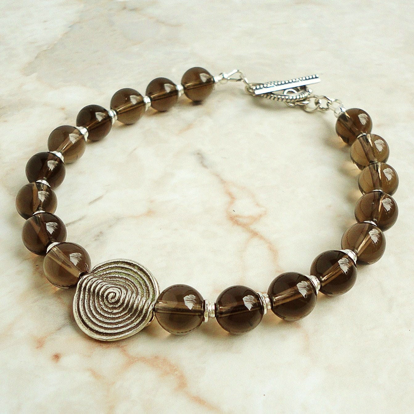 Mens Bracelet, Smoky Quartz, Hill Tribe Silver, Bali Sterling Silver, Handmade Jewelry for Men