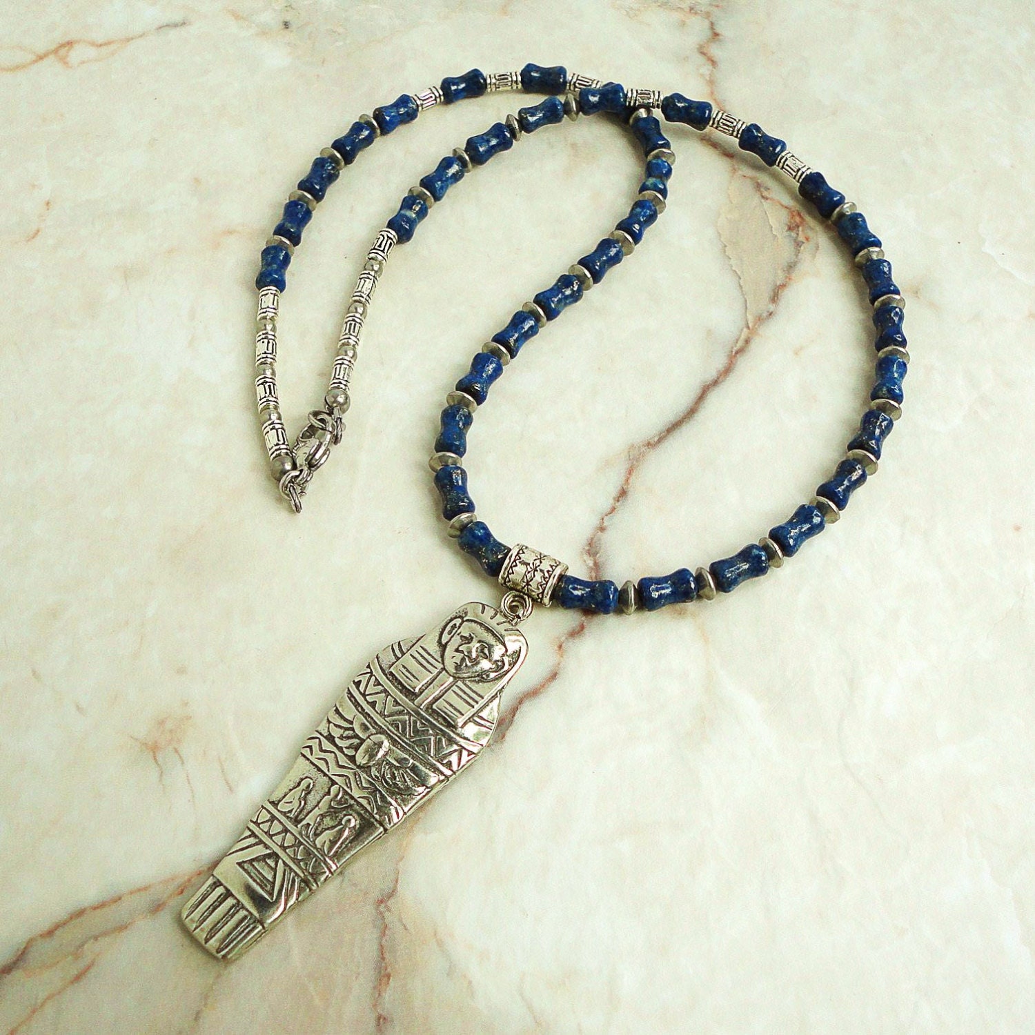 Genuine Blue Lapis Lazuli Jewelry for Men, Mens Necklace, Egyptian Mummy Pendant, 20 inches