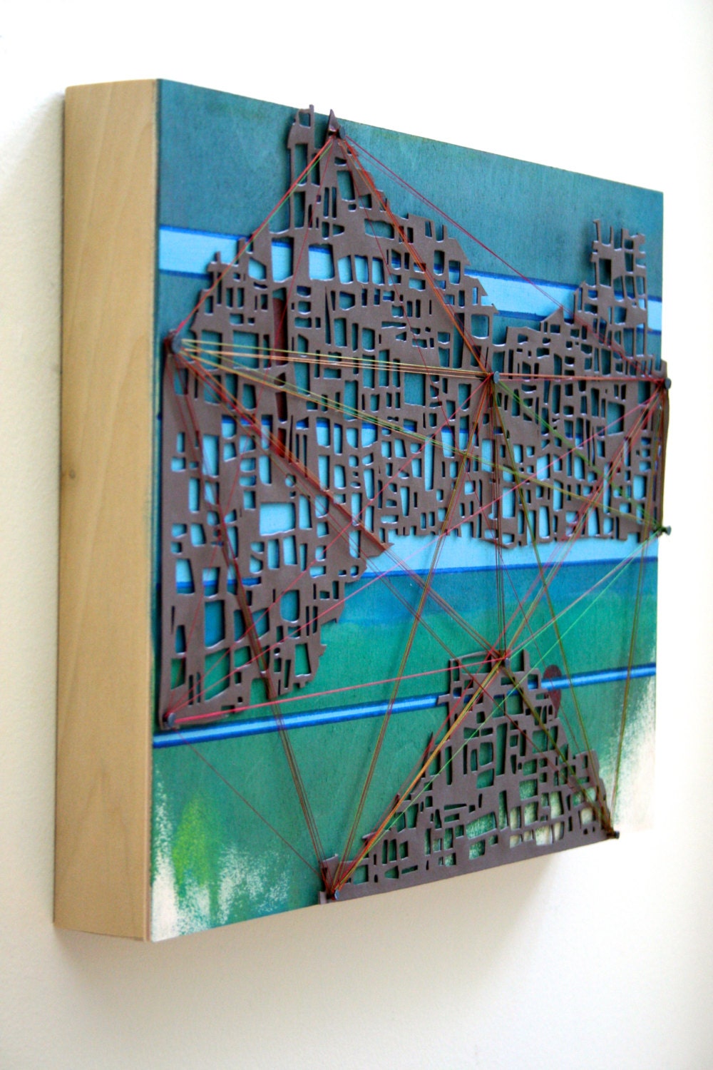 City Grid Acrylic Painting with Mixed Media and Thread Detail