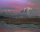 Sunset Painting over Snow-capped Mountains and Water, limited edition metallic print. clouds, sky, forest, trees, purple, pink, green