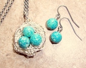 Robin Egg Bird Nest Necklace and Earring Set. Spring Jewelry, Bridesmaid Jewelry, Matching Set