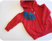 SALE, Infant Girl Hoodie, Red Zip Sweater, 12 Month, Ready To Ship, Red And Turquoise Cluster, Embellished