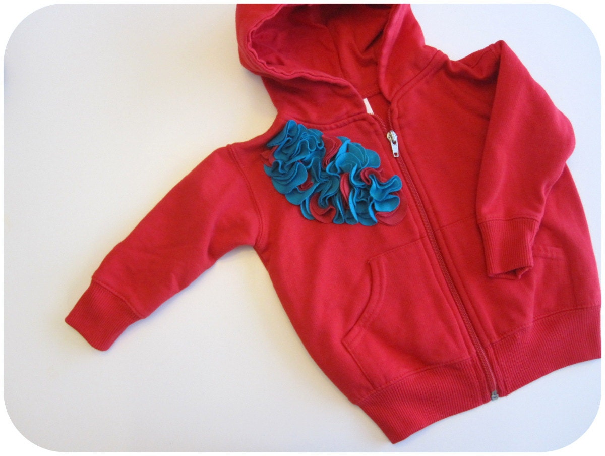 SALE, Infant Girl Hoodie, Red Zip Sweater, 12 Month, Ready To Ship, Red And Turquoise Cluster, Embellished