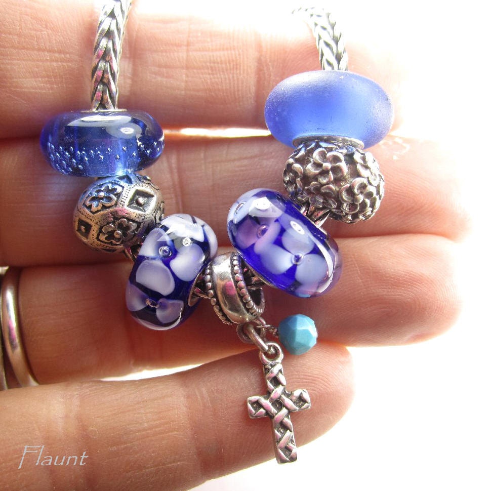 Cross bracelet charm sterling silver turquoise Christian European troll birthstone