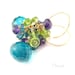 Gemstone cluster earrings, gold wires, wedding jewelry, blue dangle earring, green, purple