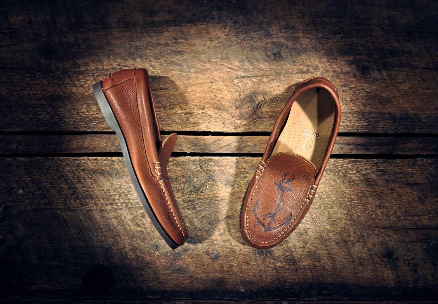 Handcrafted Leather Loafers - Reddish Tan Bullhide - Handetched Anchors - CUSTOM Made To Order