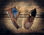 Handcrafted HIGHTOP Boat Shoes - Oiled Tan Cowhide with Teal Southwest Inspired Patterned Wool Details - Etched Pistols -  MADE to ORDER