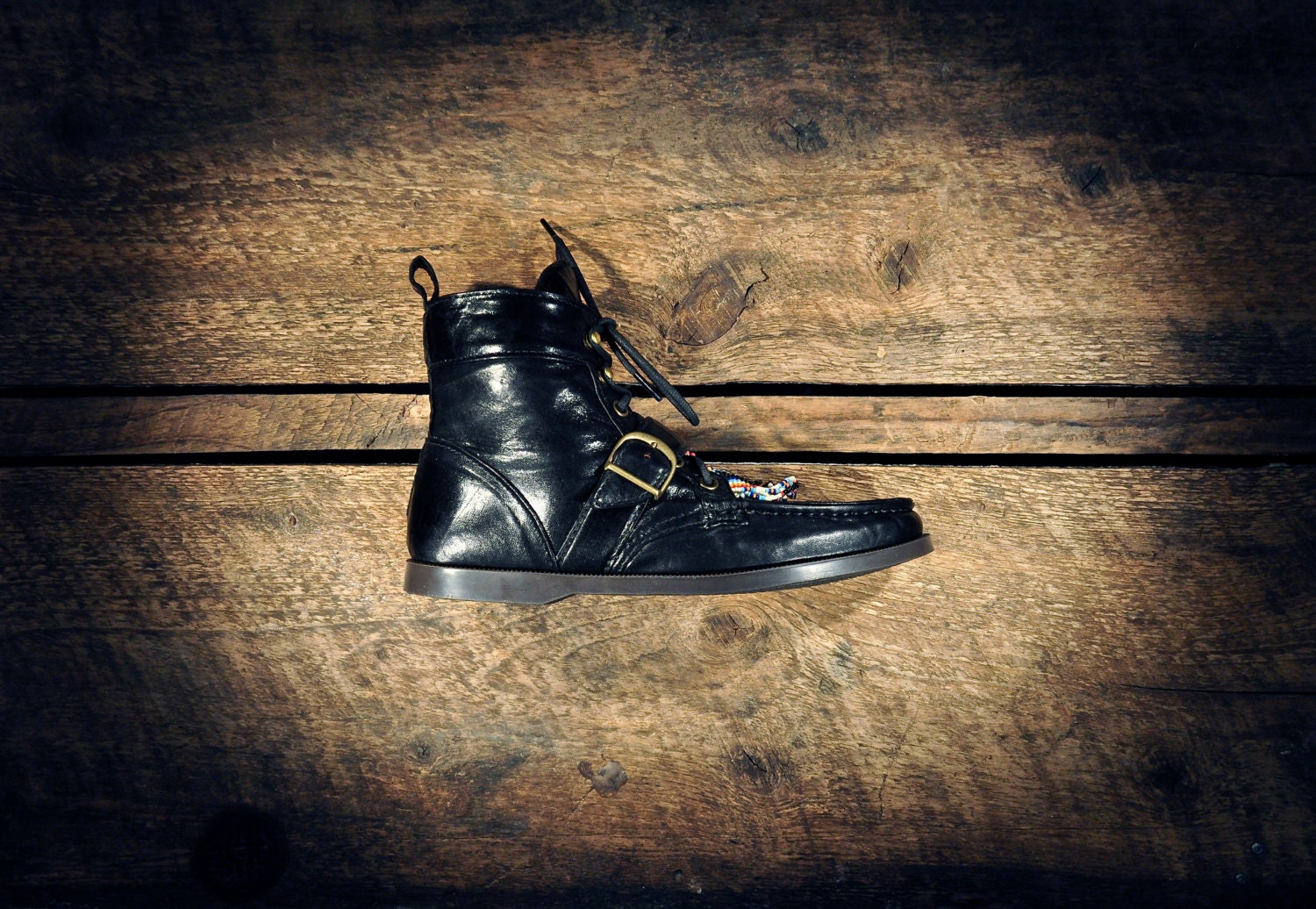 Handcrafted Leather Single Strap BOOTS - Black Patent Lambskin with Beaded Fringe - MADE to ORDER