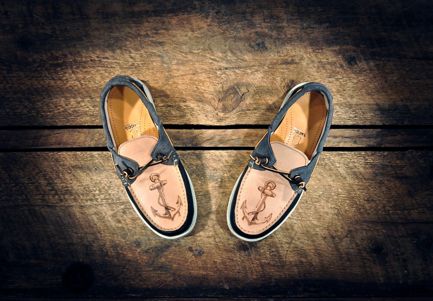 Navy & Faux Denim n' Tan Leather Boat Shoes with etched ANCHORs - MADE TO ORDER