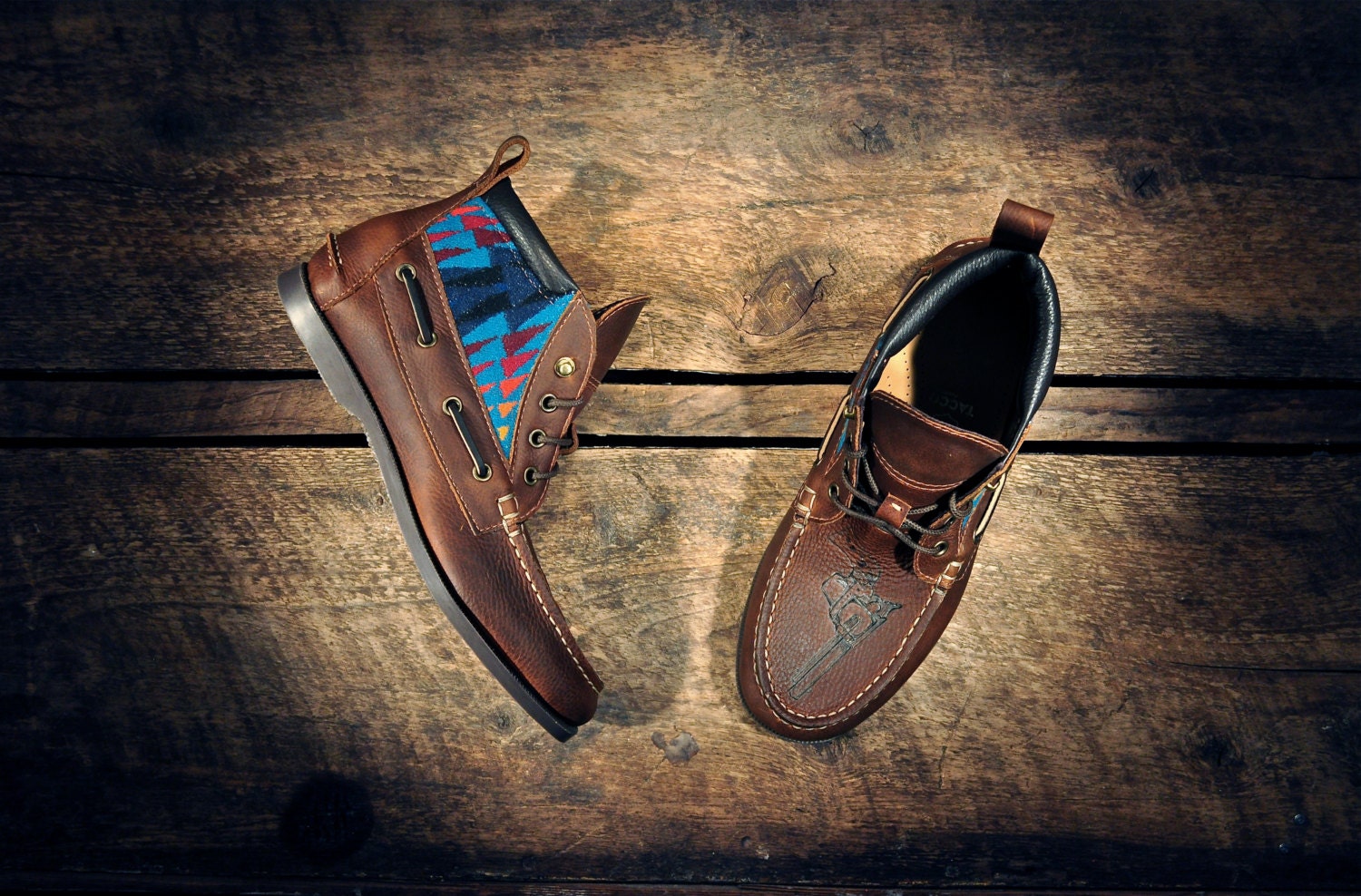 Handcrafted HIGHTOP Boat Shoes - Oiled Tan Cowhide with Teal Southwest Inspired Patterned Wool Details - Etched Pistols -  MADE to ORDER
