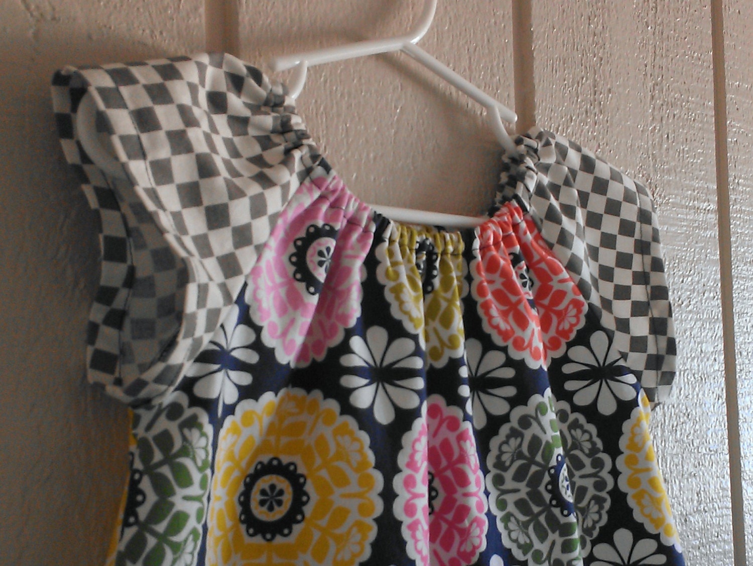 Fun and Fresh Summer Dress / Colorful Kaleidoscope Flowers / Grey Check / 6 Months, 12 Months, 2t, 3t, 4t, 5t, 6y by PerryFinalia