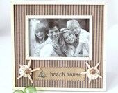 Beach Decor Shell Frame - Nautical BEACH HOUSE Frame w Starfish & Sand Dollars - Navy / Ivory