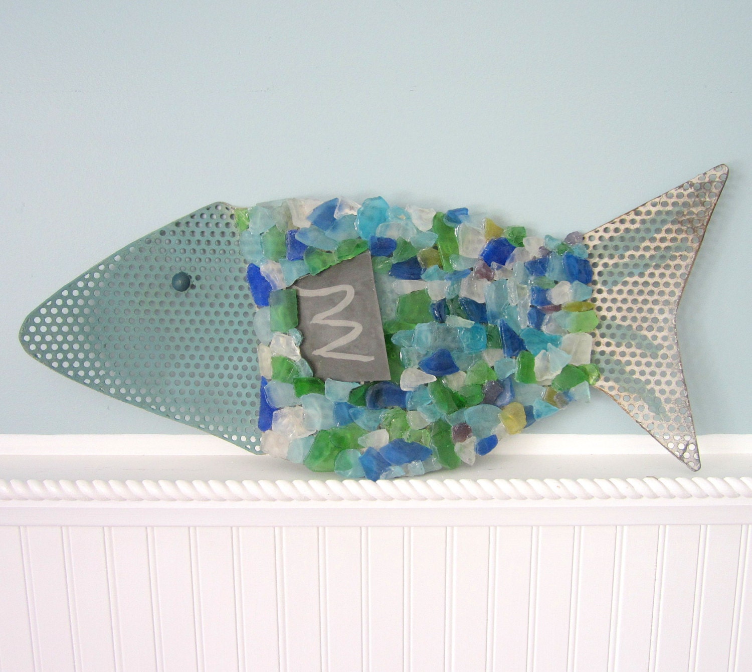 Beach Decor Sea Glass Fishie - Nautical Fish Wall Hanging w Watercolor Beach Glass, Large