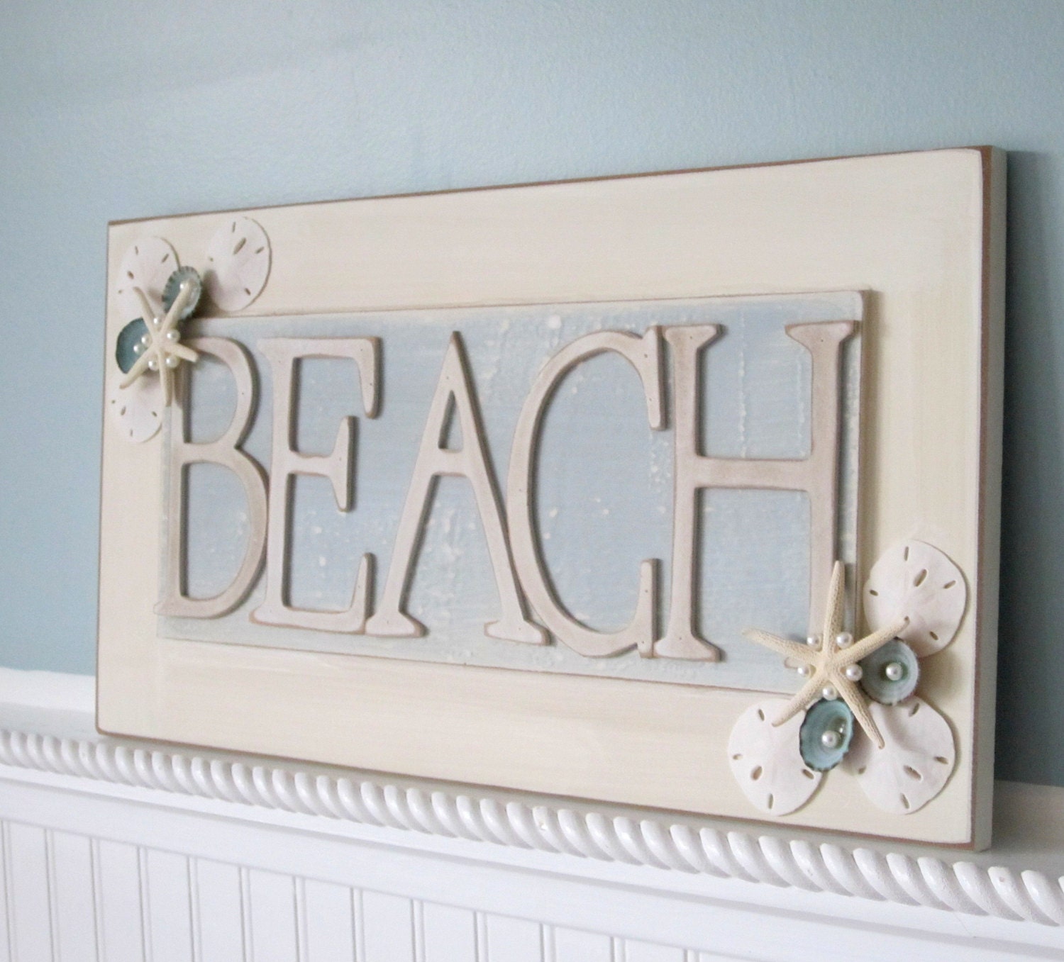 Beach Decor  BEACH  Sign - Nautical BEACH Sign w Starfish, Shells & Pearls
