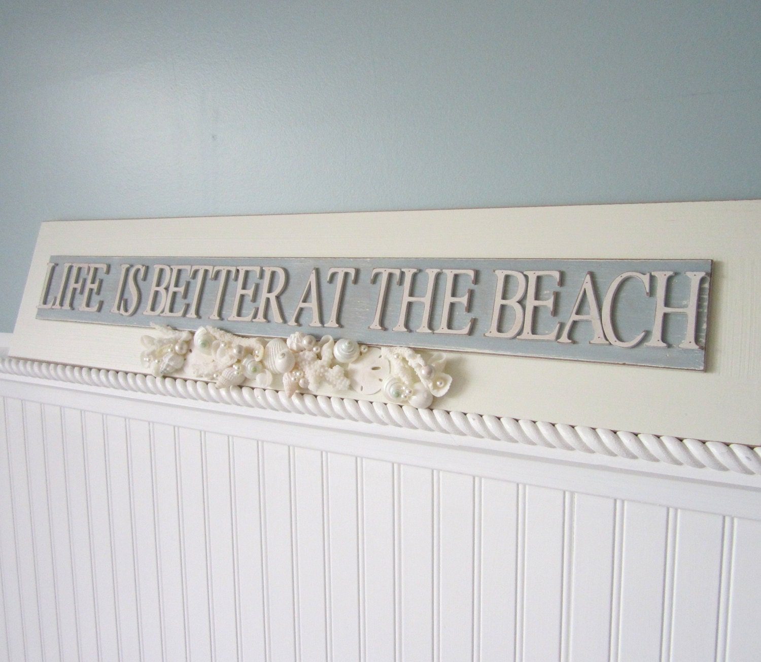 Beach Decor Sign - Life Is Better At The Beach - Nautical Sign w Shells, Coral, and Sand Dollars