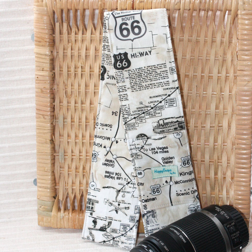 Padded Camera Strap Cover with Lens Cap Pocket - Route 66