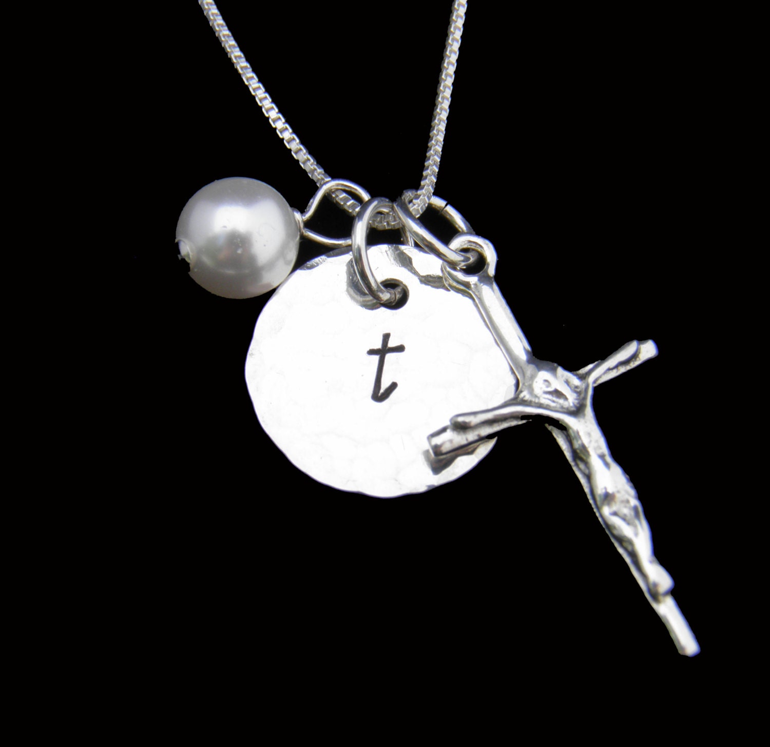 Personalized Initial & Crucifix Sterling Silver Necklace - Custom Hand Stamped