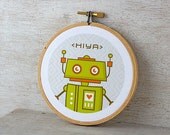 Green Robot Hoop Art: Robot Nursery Art - Fabric Wall Hanging, Geekery, Bright Green, Orange, Grey, Geometric Pattern, Ready to Hang