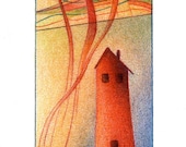 House and Fields - Original Drawing Red/Orange House Abstract Fields Lines