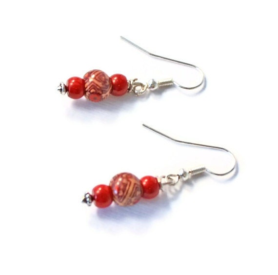 Coral and Wooden Beaded Earrings, Coral Jewelry, Beaded Jewelry, Handmade Earrings