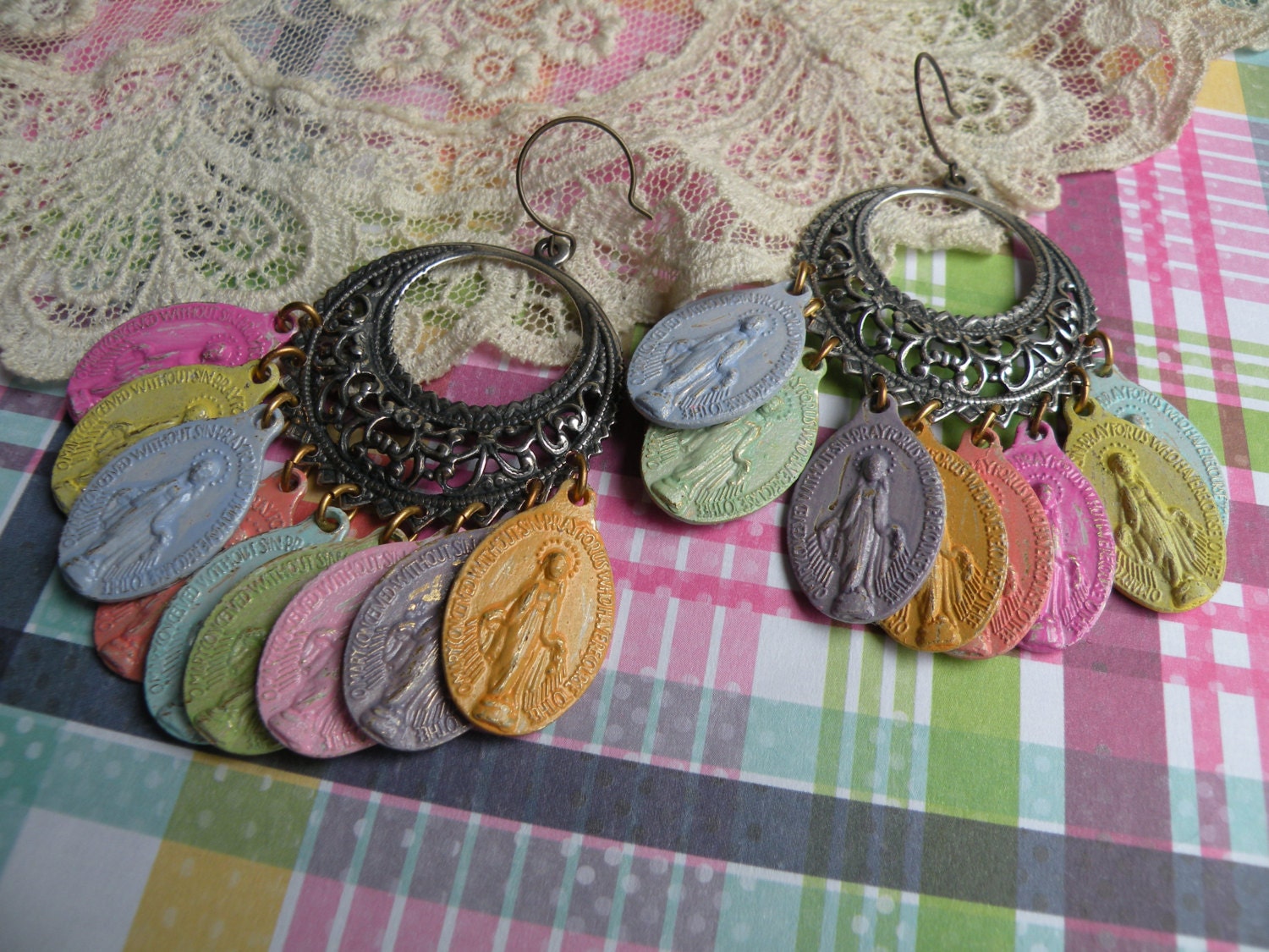 RAINBOW vintage assemblage earrings religious pastel faith bold chandeliers shabby chic