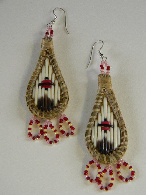 Porcupine quilled tear-drop earrings, red & black