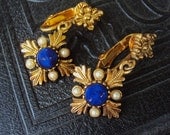 Vintage Ormolu Medallion Earrings Blue Stone and Pearls Signed Avon