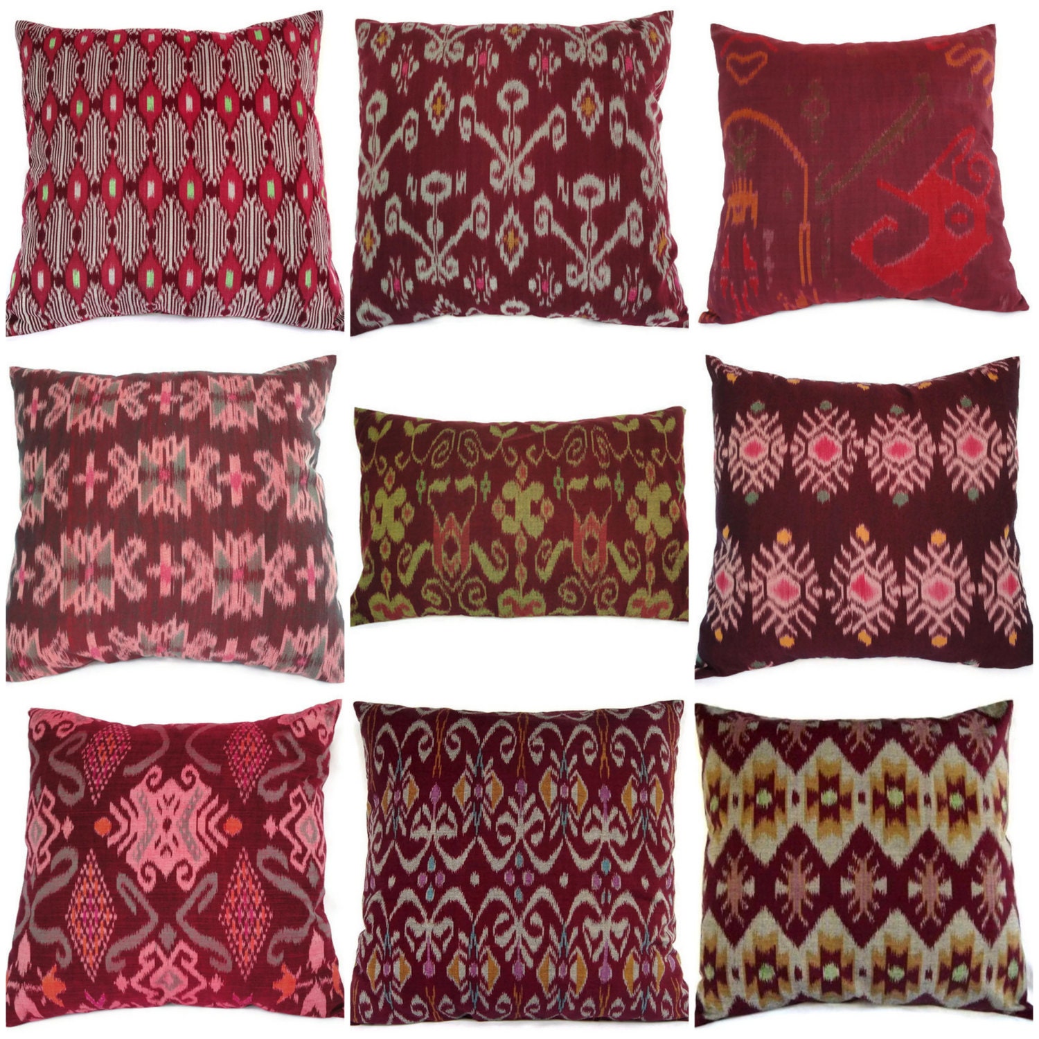 Ikat, Pillows, Oxblood, Maroon, Set of 9, 16x16/12x18