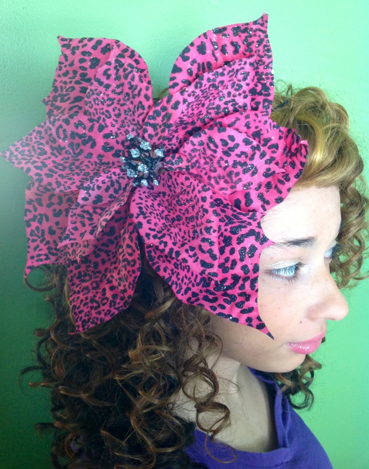 Gorgeous oversized 11" pink and leopard poinsettia hair flower pinup bombshell rockabilly VLV