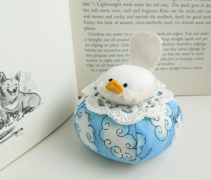 Small White Bird on Blue Sky Cloudy Pincushion Tuffet