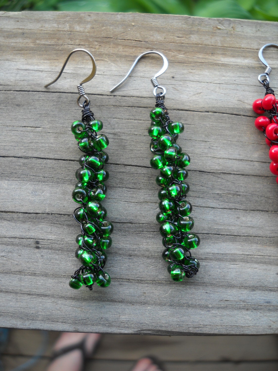Black and Green Beaded Crochet Earrings Set Available Many Color Options Hypoallergenic