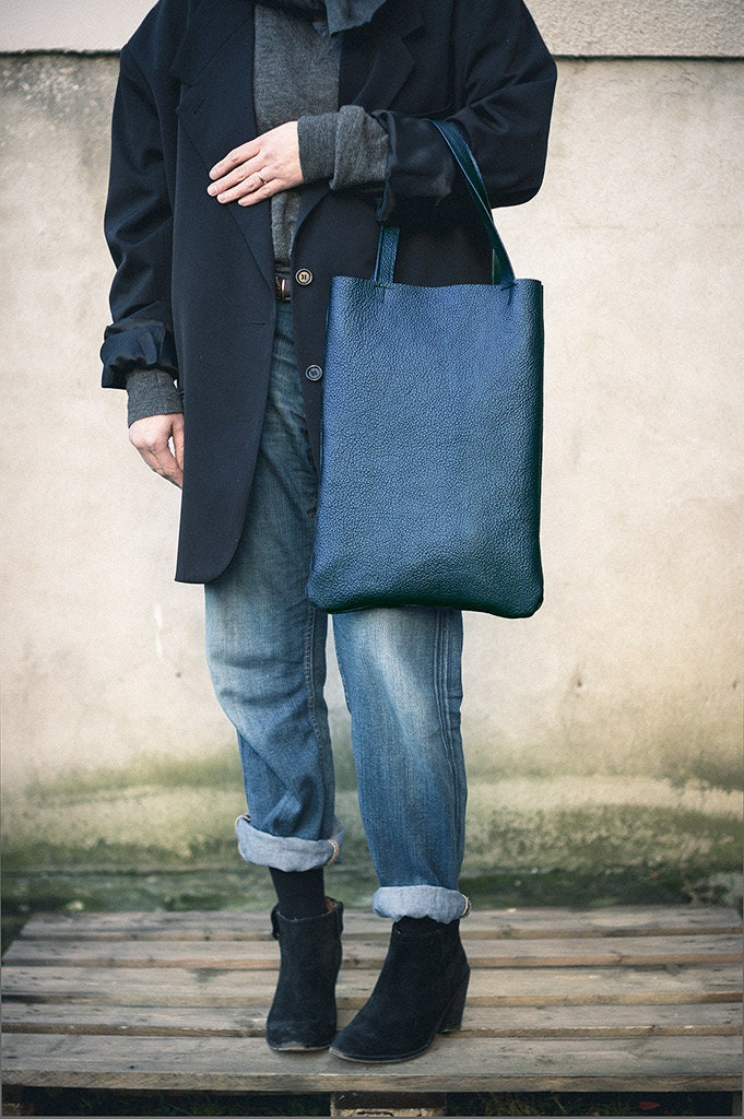 Blue metallic Leather Tote, every day tote bag
