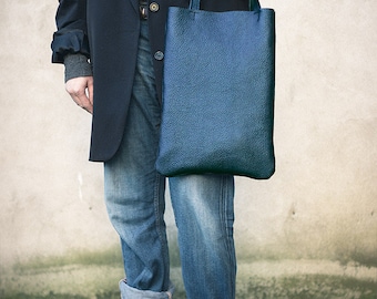 Blue metallic Leather Tote, every day tote bag