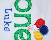 Birthday Boy Outfit - Monogrammed/Personalized First Birthday Balloons Appliqued Onesie/Body Suit, Sizes 12 mo or 18mo
