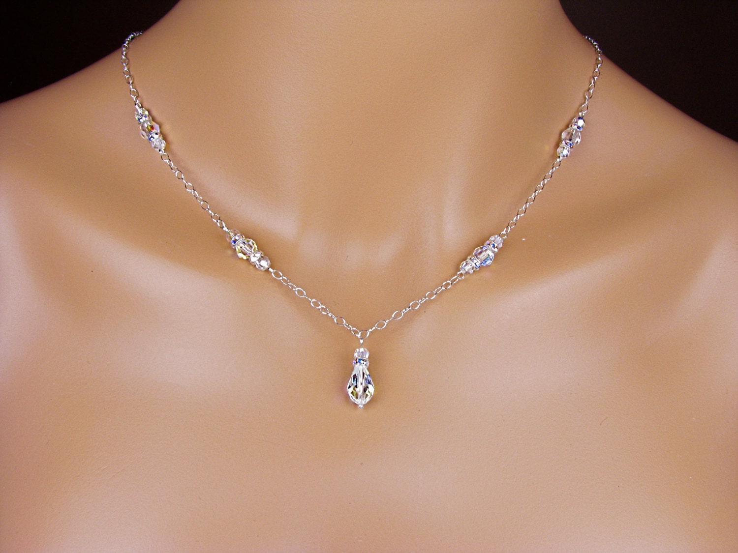 Backdrop Bridal Necklace Lariat Swarovski Crystal Sterling Silver Chain Adjustable
