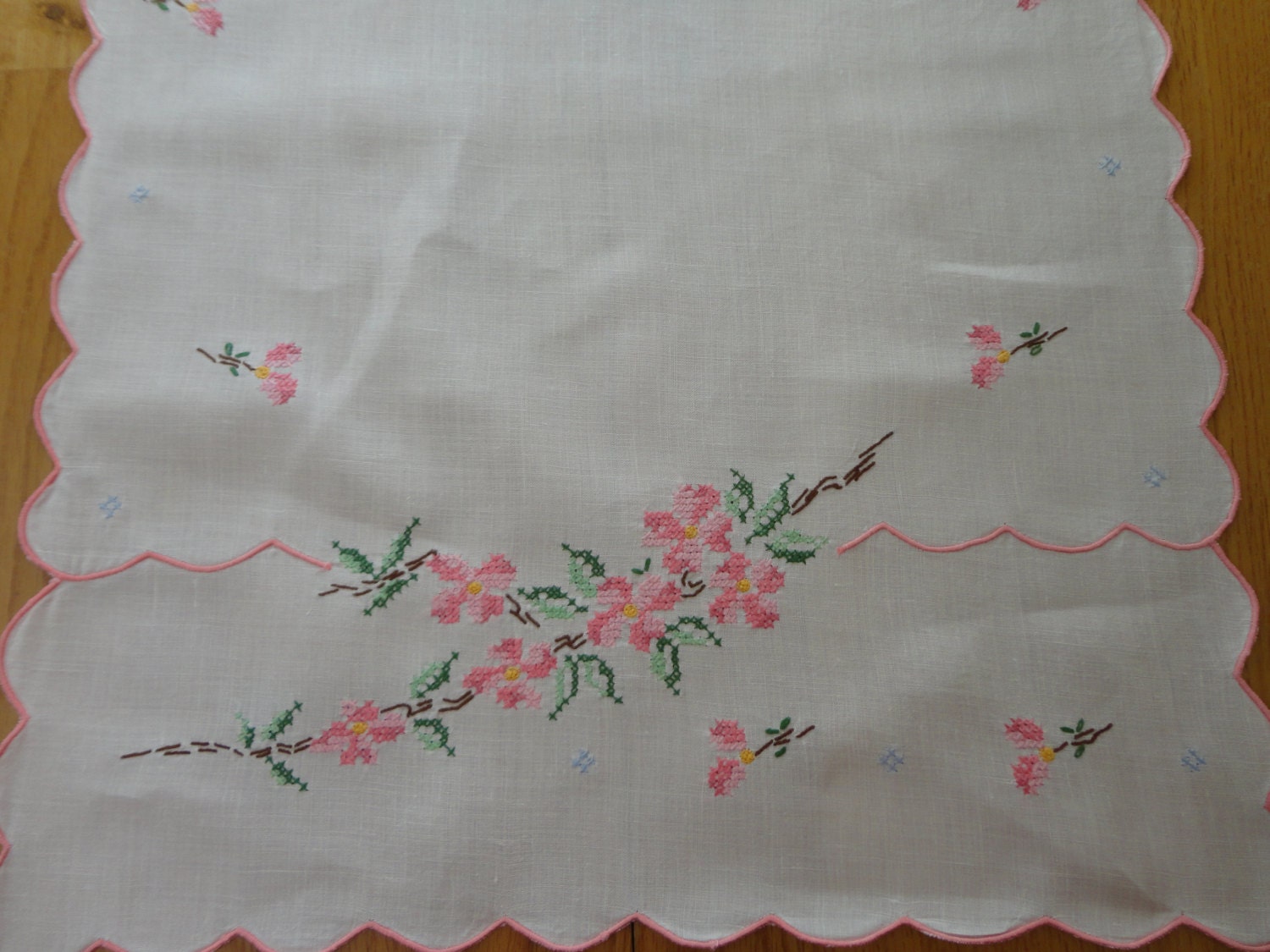 Runner of Floral Cross Stitch on Linen  Pinks and Greens