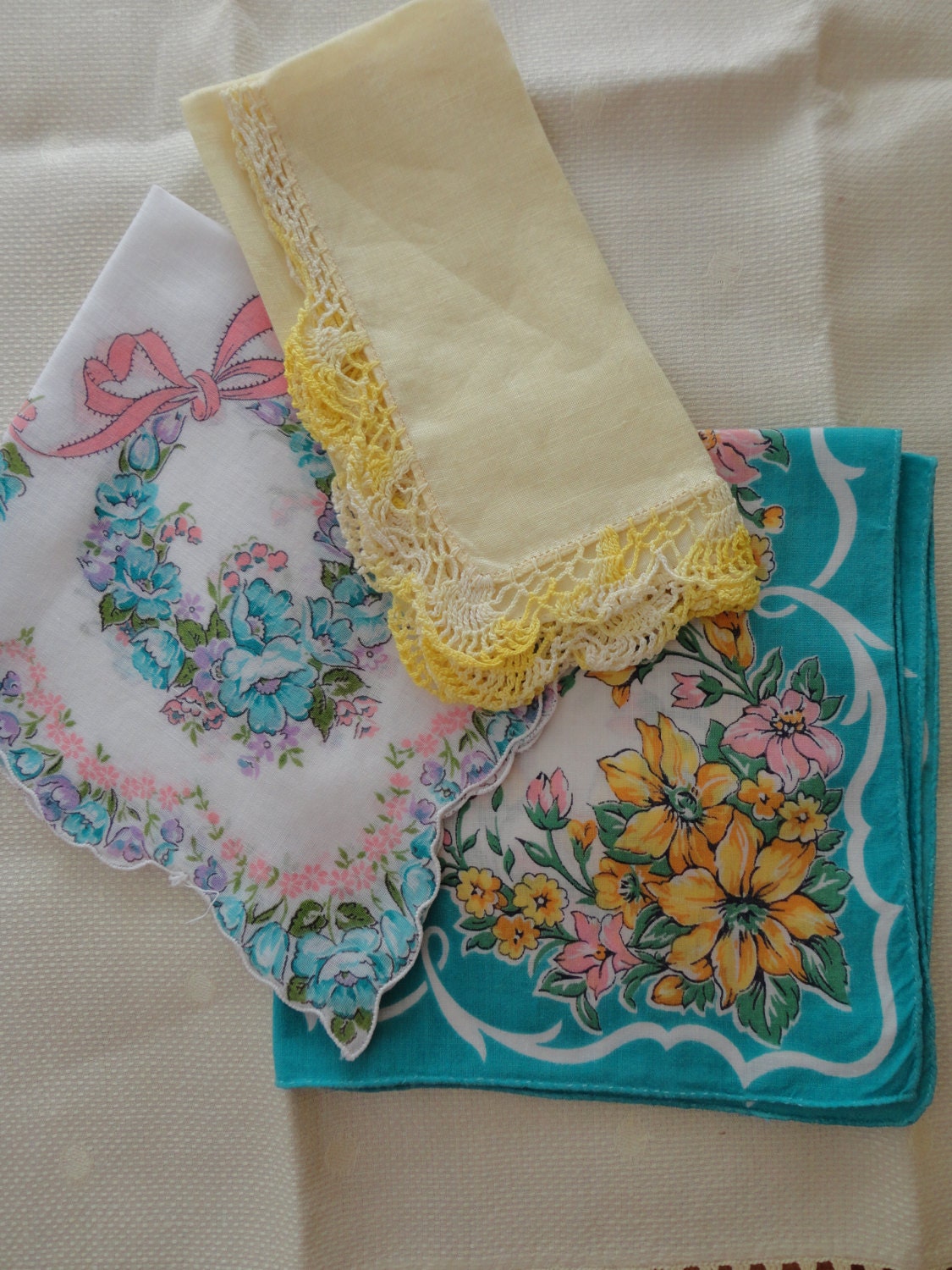 3 Lovely Hankies in Yellows and Greens