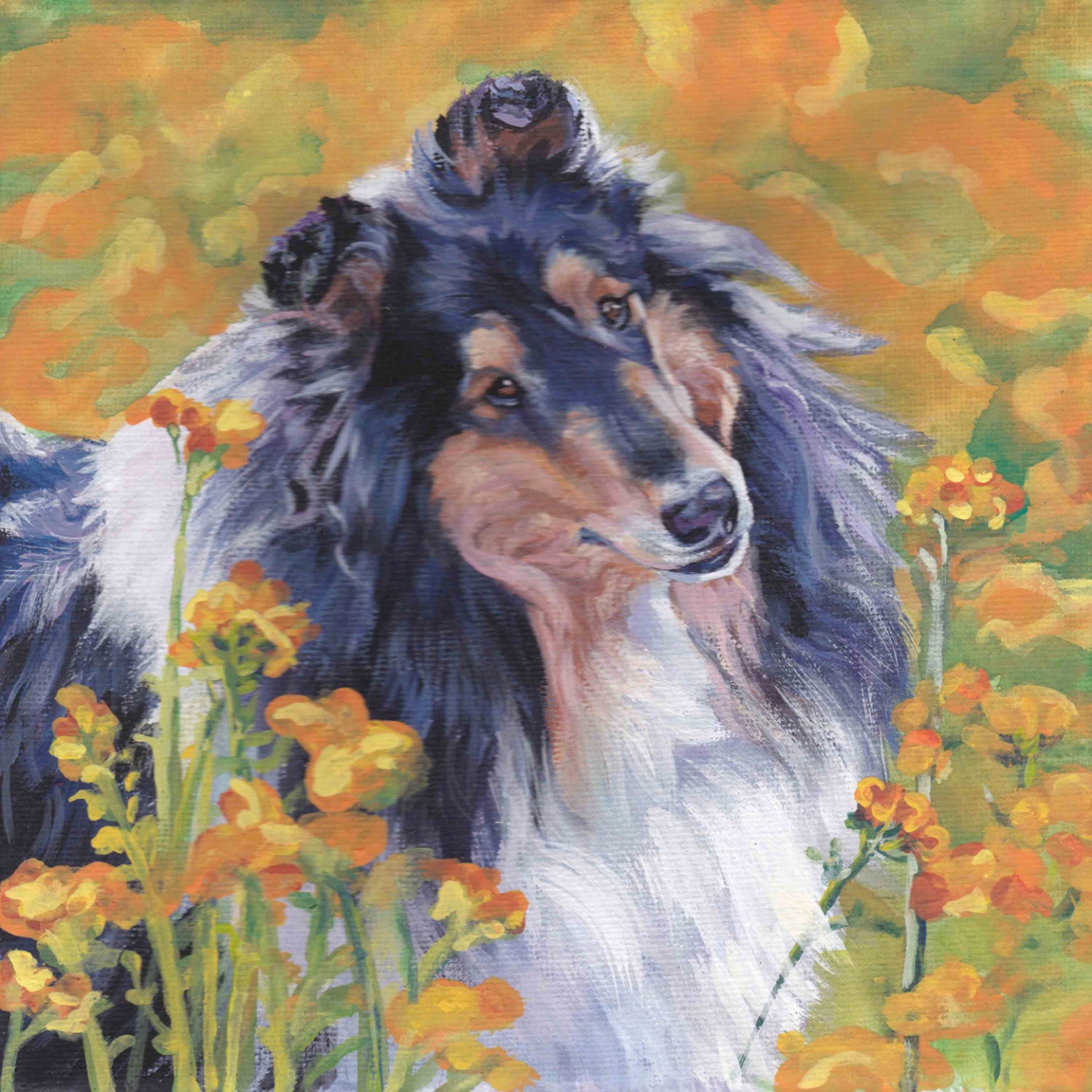 Tricolor Rough Collie portrait CANVAS print of LA Shepard painting 8x8 dog art