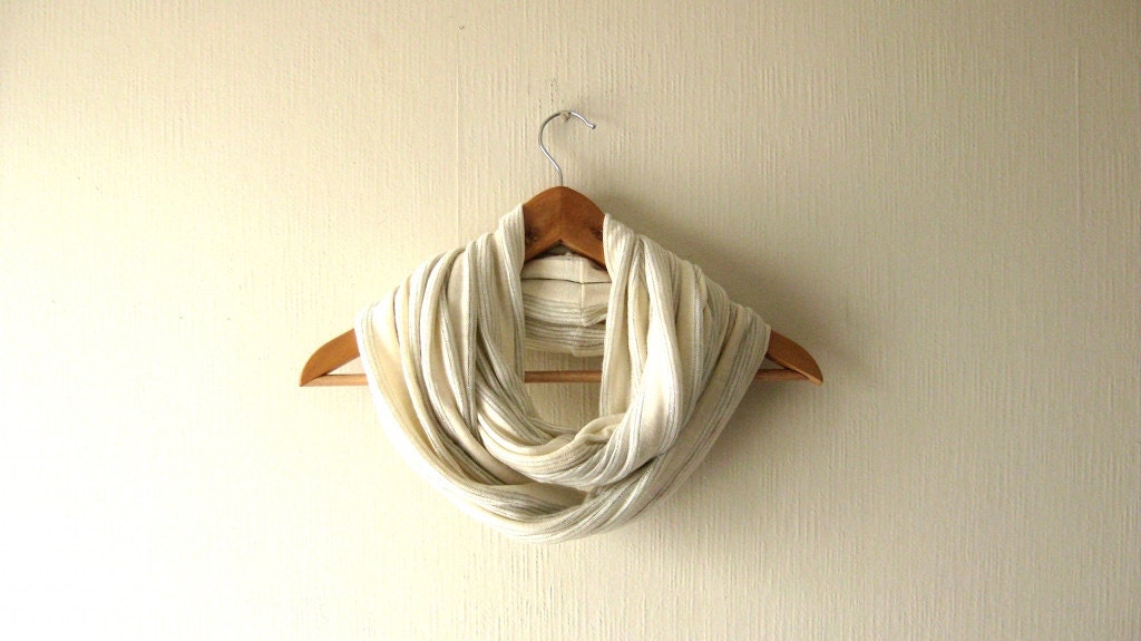 Infinity Scarf Striped Cream and Silver- Delicate Spring Soft knitted Jersey Circle Scarf Cowl Neckwarmer